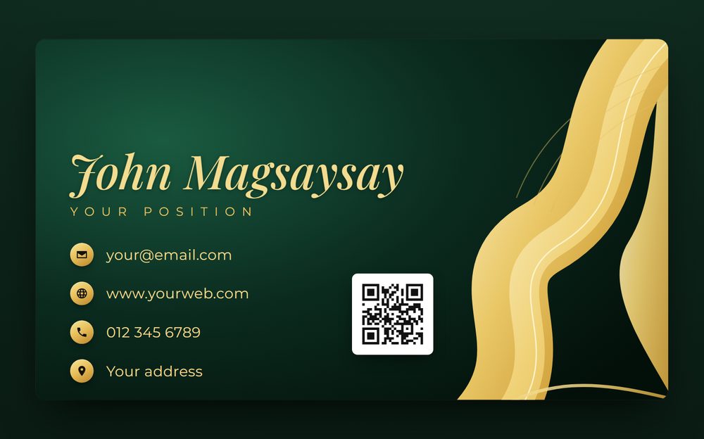 Sample digital business card in dark green and gold.